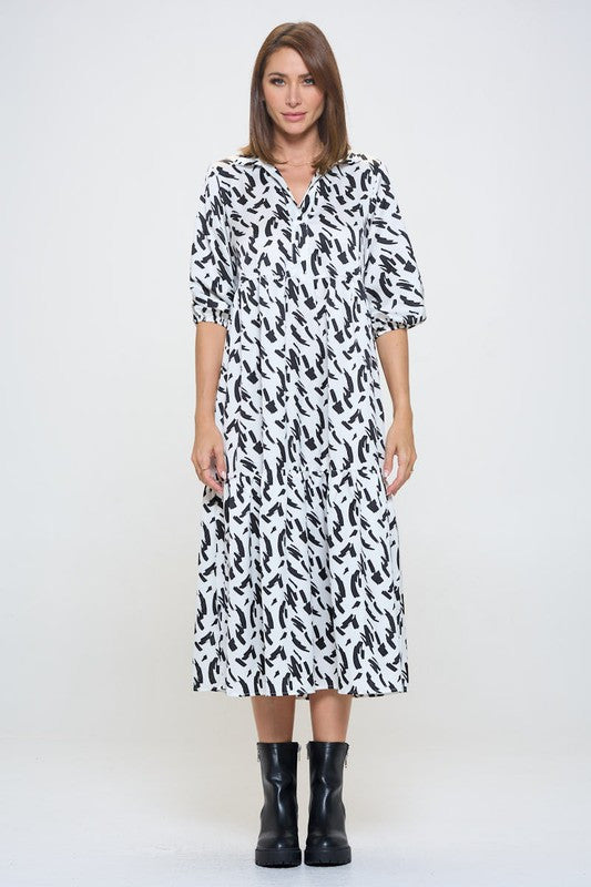 Print Collared V neck Tiered Dress with Pockets