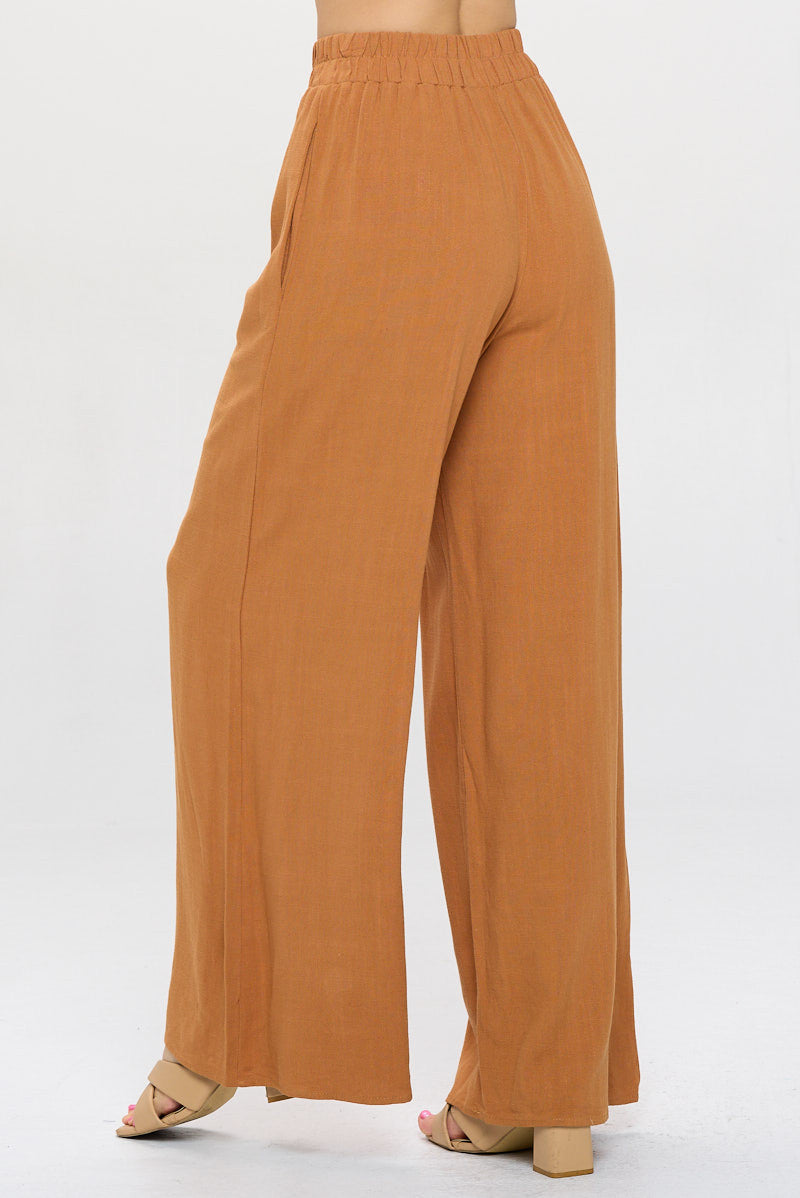 Solid Linen Wide Leg Pants with Pockets