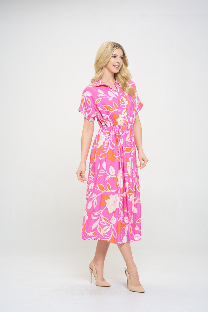 Flower Print Collared V neck Midi Dress with Pockets