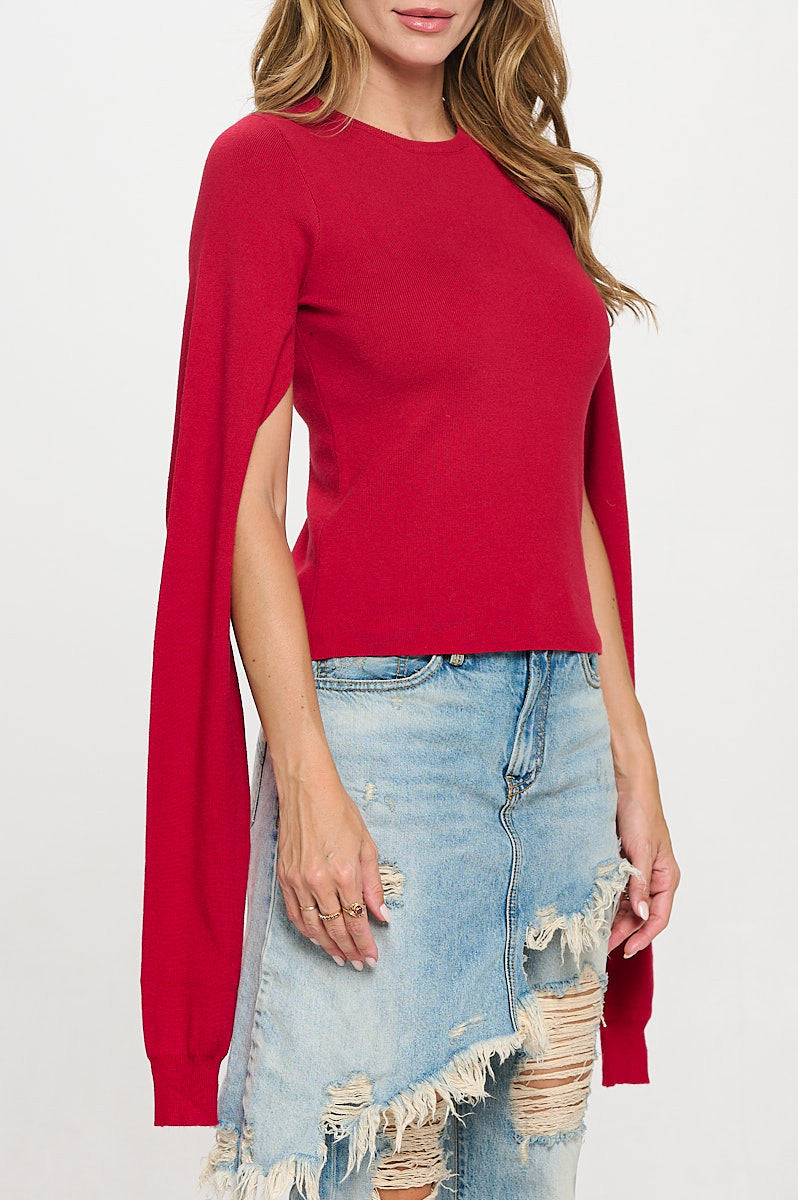 Rib Knit Round neck Sweater with Open Long Sleeve