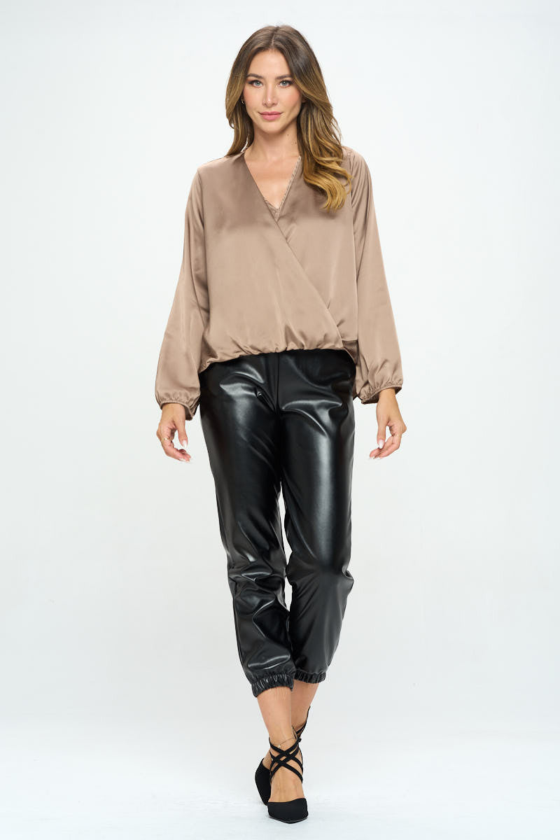 Silky Satin Long Sleeve Surplice Top-4