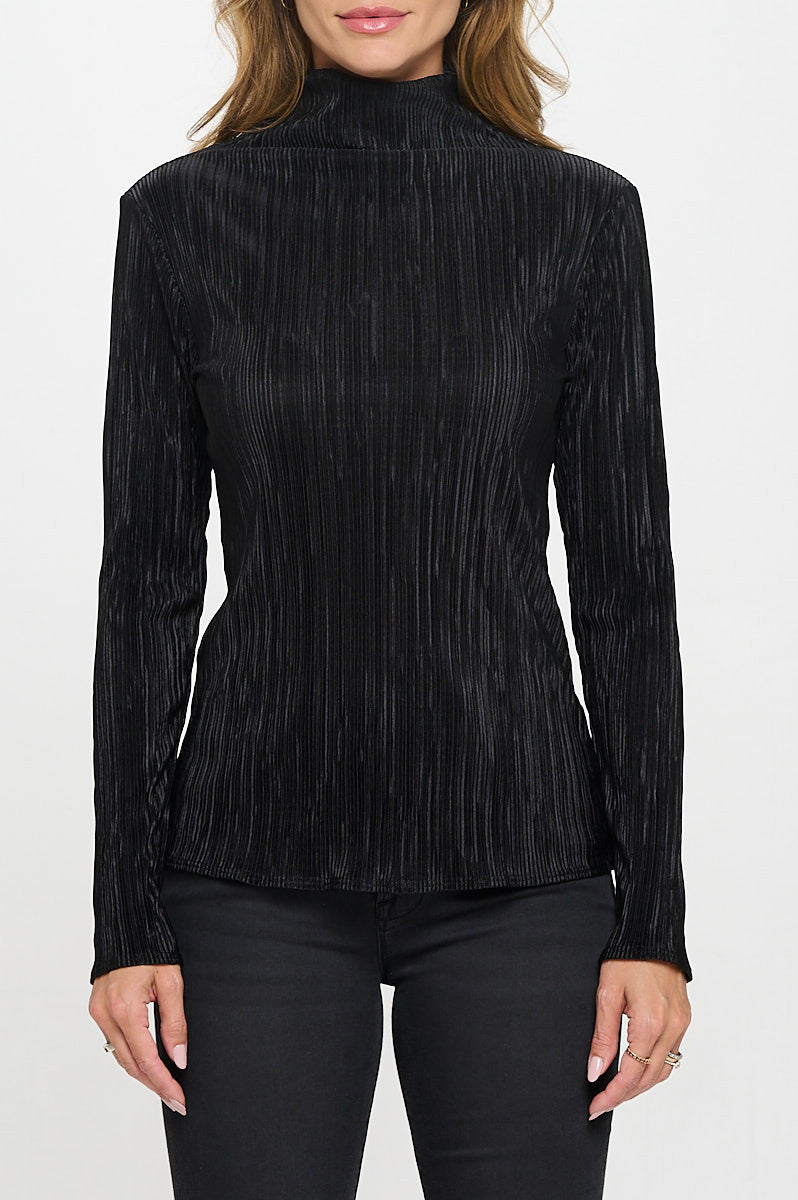 Plisse Long Sleeve Mock Neck Top