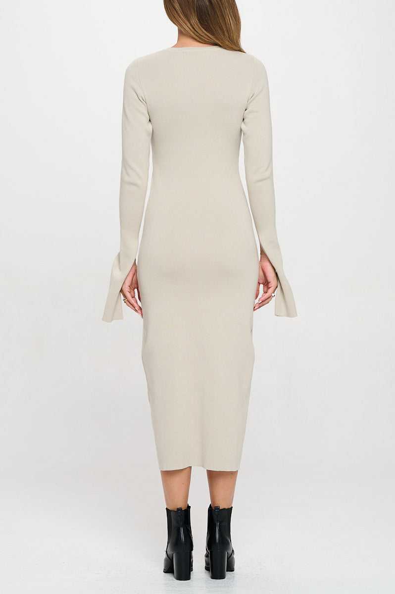 Rib Knit Maxi Dress with Buttons and Open Sleeve