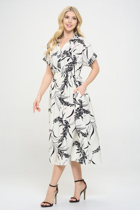 Print Collared V neck Midi Dress with Pockets