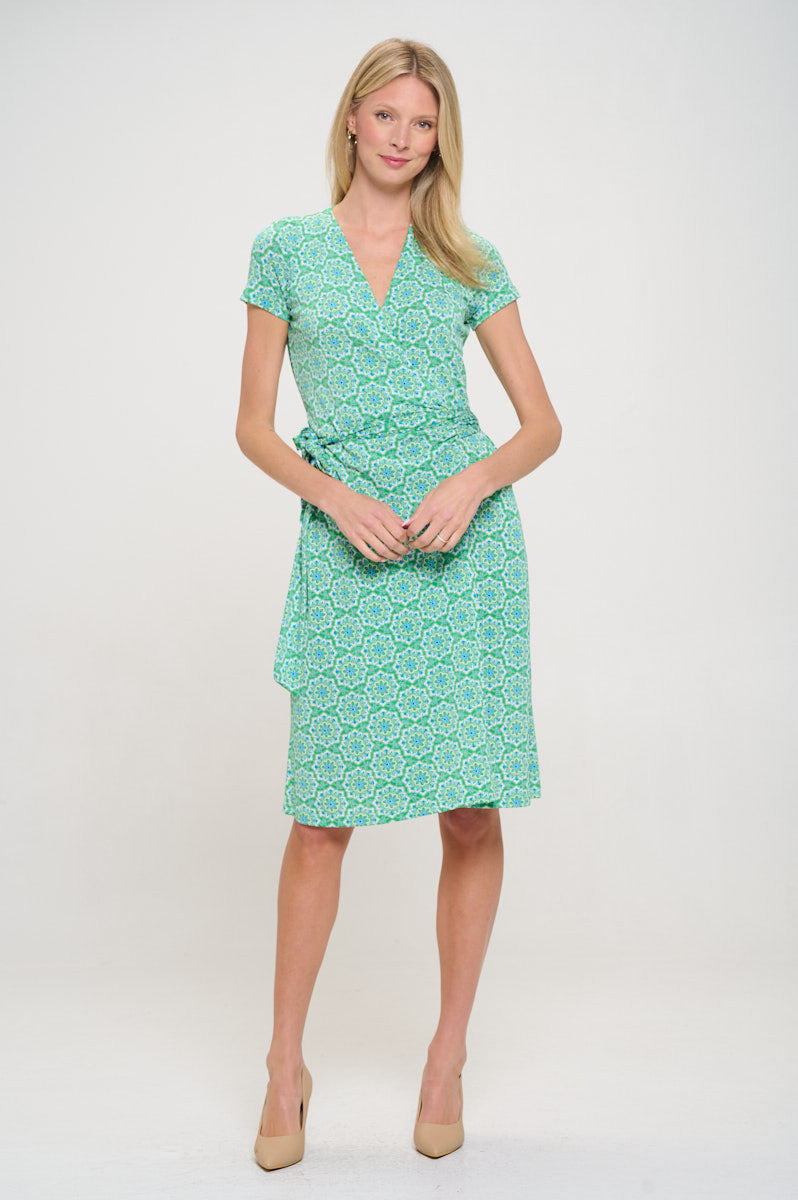 Print V neck Jersey Dress with Tie