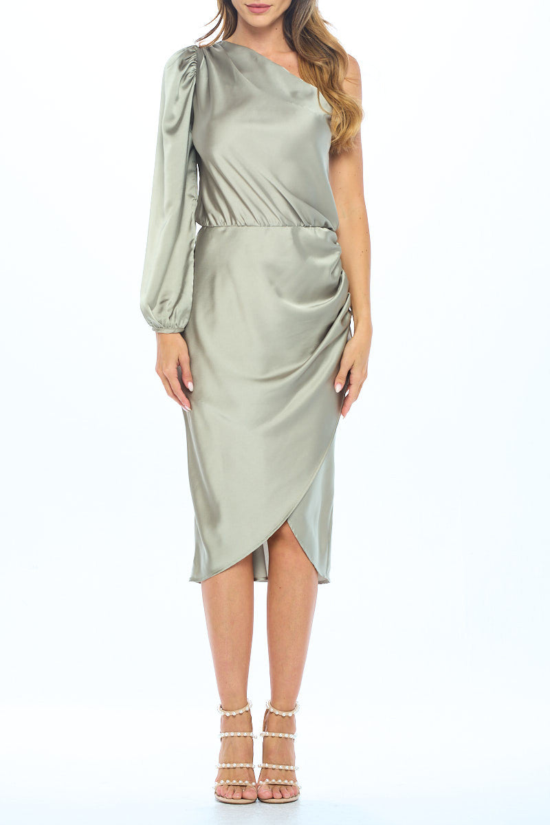 Satin One Shoulder Bodycon Dress w/ Asymmetric Hem-3