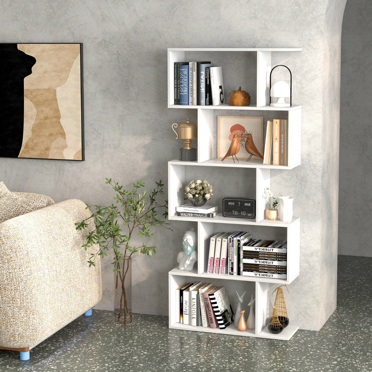 NNECW Geometric S-Shaped Bookcase with Anti-Toppling Device for Living Room/ Home/ Office-White