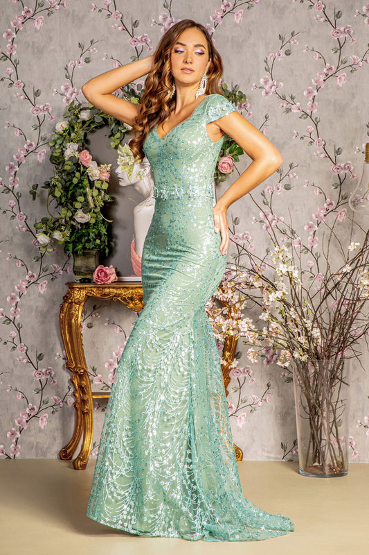 3-D Flower Glitter Sheer Neckline Mesh Mermaid Long Dress-0