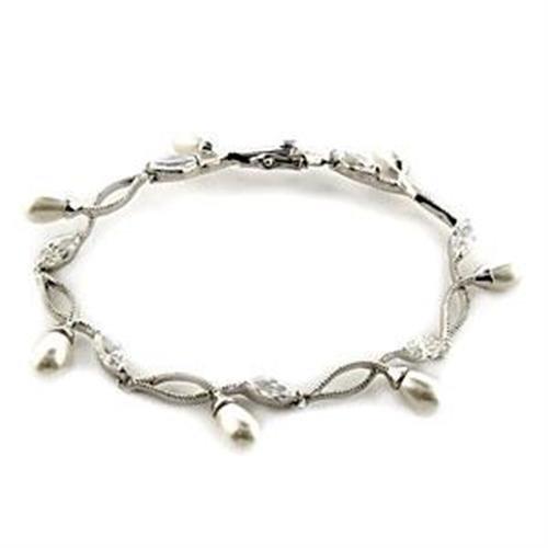 LOA542 - Rhodium 925 Sterling Silver Bracelet with Synthetic Pearl in White-0