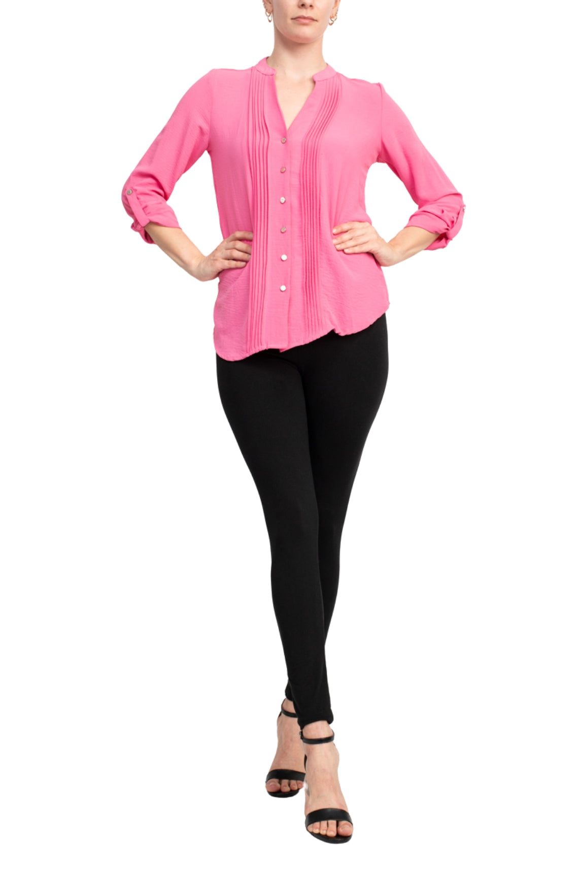 Notations Ruffled Button Down Collarless Blouse