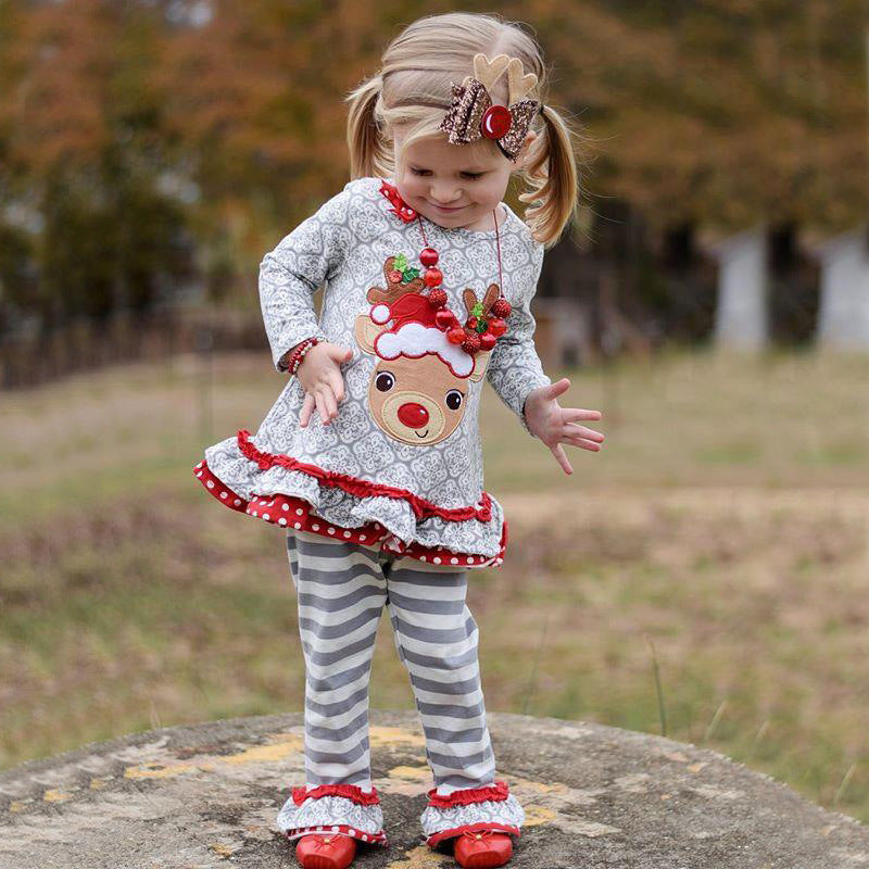 Girls Clothing Set Long Sleeve Elk Striped Boot Cut Pant Spring Fall Kids Suits for Girl Cotton Baby Girls Clothes