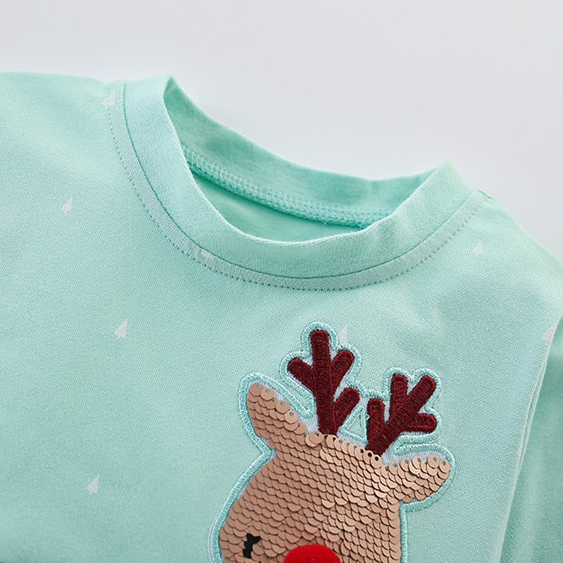 Autumn and Spring New Arrival Christmas Cartoon Sequins Pattern Long Sleeves Dress for Stylish Girls