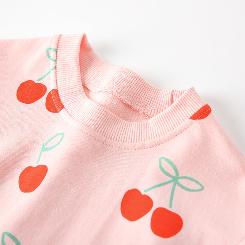 Autumn Arrival Kids Girls Cherry Pattern Long Sleeves Crew Neck Dress