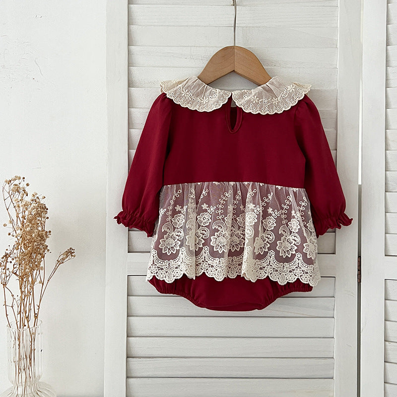 Autumn Arrival Baby Girls Long Sleeves Hollow-out Collar Tulle Patchwork Onesies