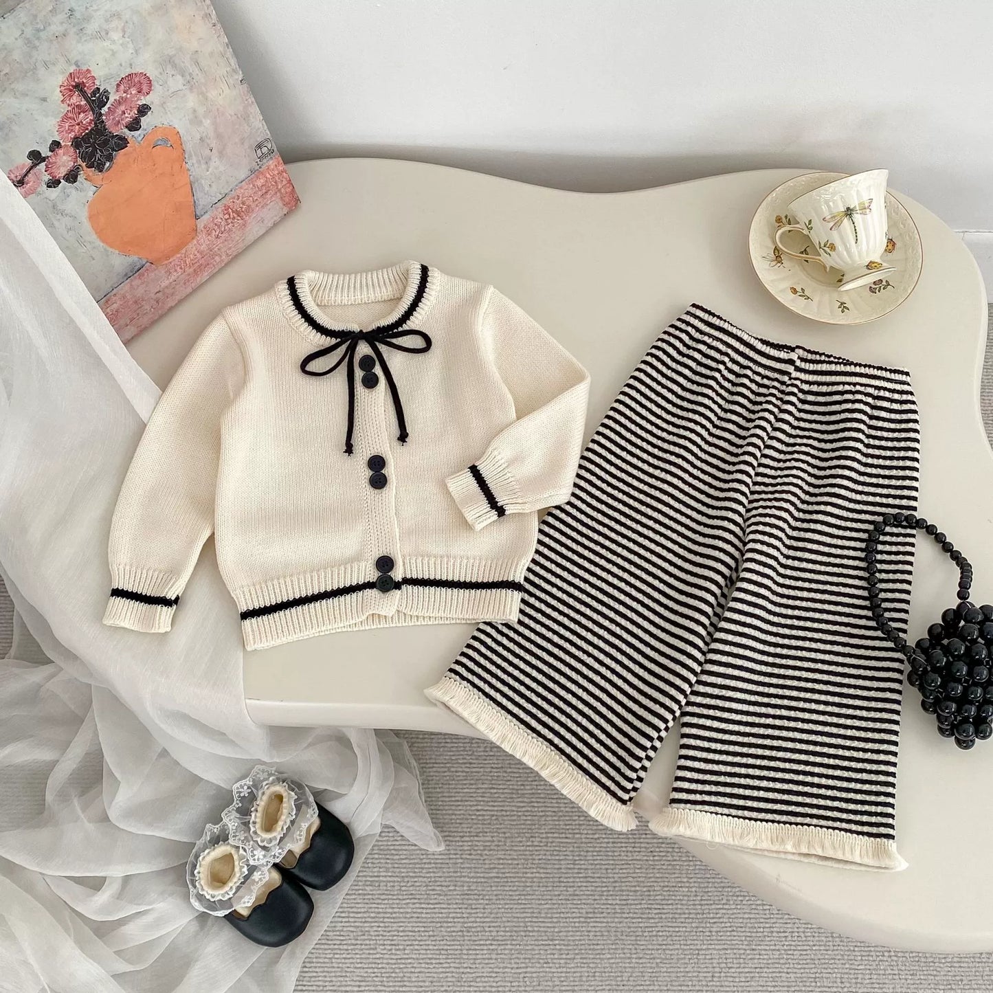 Spring and Autumn Kids Girls Color Patchwork Long Sleeves Cardigan and Pants Clothing Set