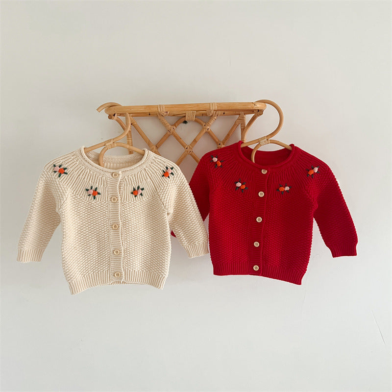 Autumn Arrival Baby Kids Girls Comfortable Flowers Embroiedery Pattern Knitted Long Sleeves Cardigan