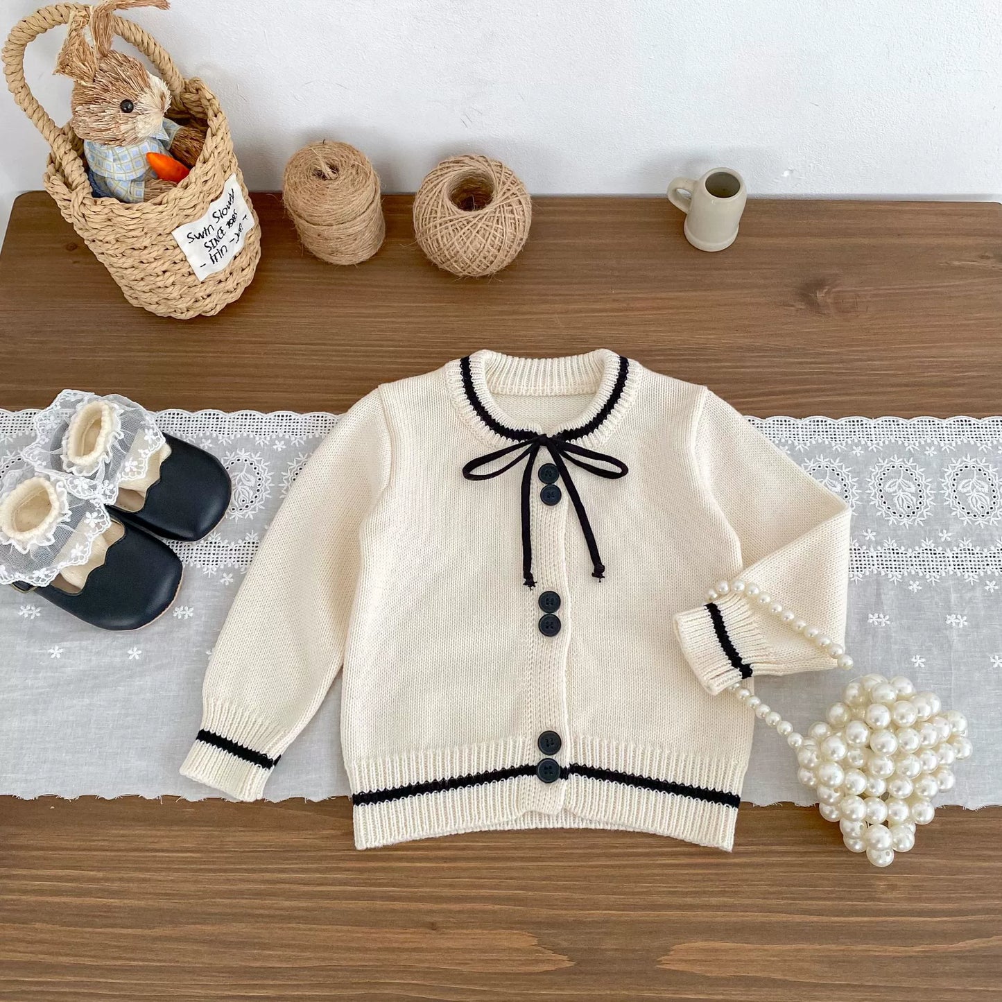Spring and Autumn Kids Girls Color Patchwork Long Sleeves Cardigan and Pants Clothing Set