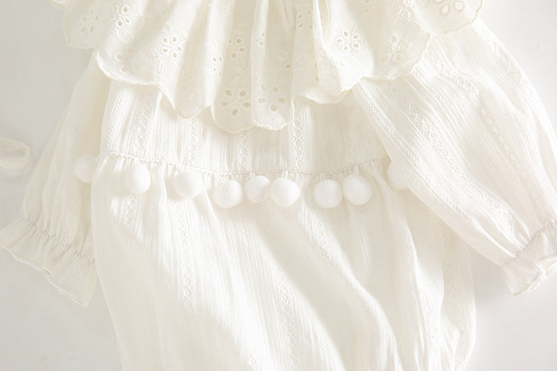 Baby Girl Solid Color Hollow Carved Pattern Ruffle Neck Onesies