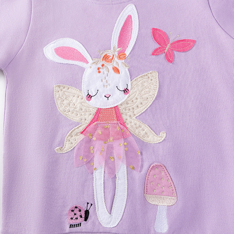 Spring and Autumn Girls Cute Rabbit Cartoon Pattern Long Sleeves Sweatshirt and Floral Pants Clothing Set-3