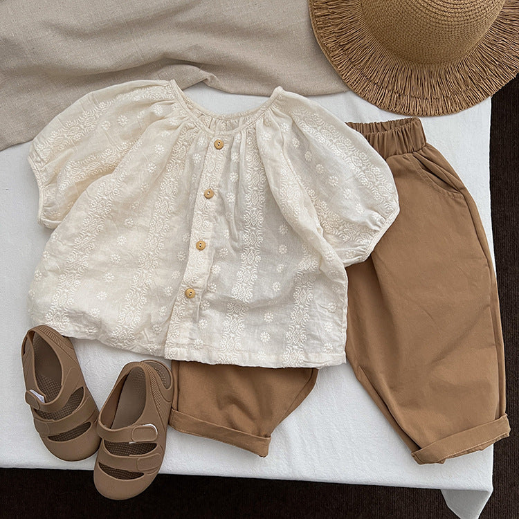 Baby Girl Solid Color Round Neck Blouses