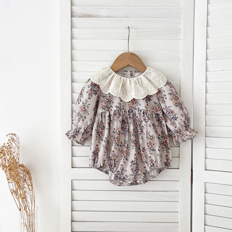 Spring Baby Girls French-style Floral Printed Long-sleeved Onesies and Dress β Princess Sister Matching Set-2