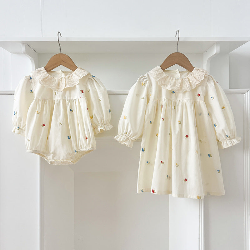 Spring Baby Girls Floral and Fruits Embroidery Pattern Long-sleeved Onesies and Dress β Princess Sister Matching Set