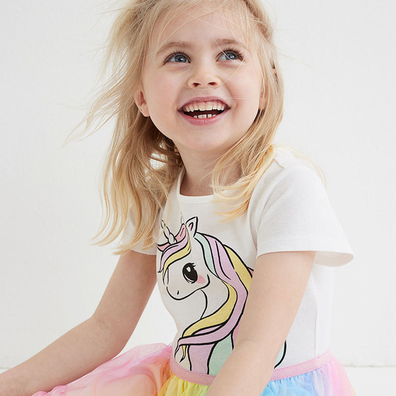 Baby Girls Short Sleeves Unicorn Printing Tulle Dress