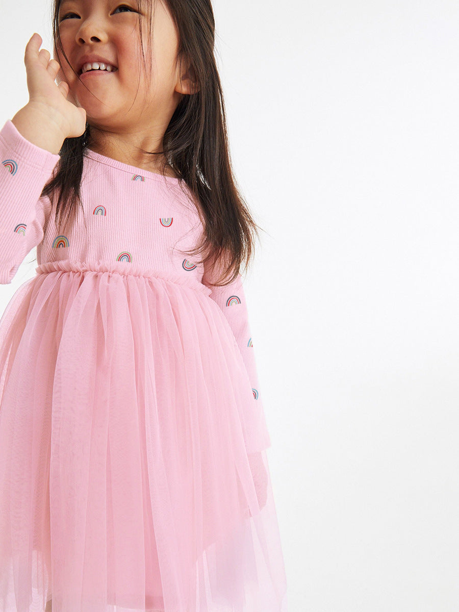 Arrival Autumn Girls Rainbows Print Crew Neck Long Sleeves Tulle Patchwork Princess Dress-4