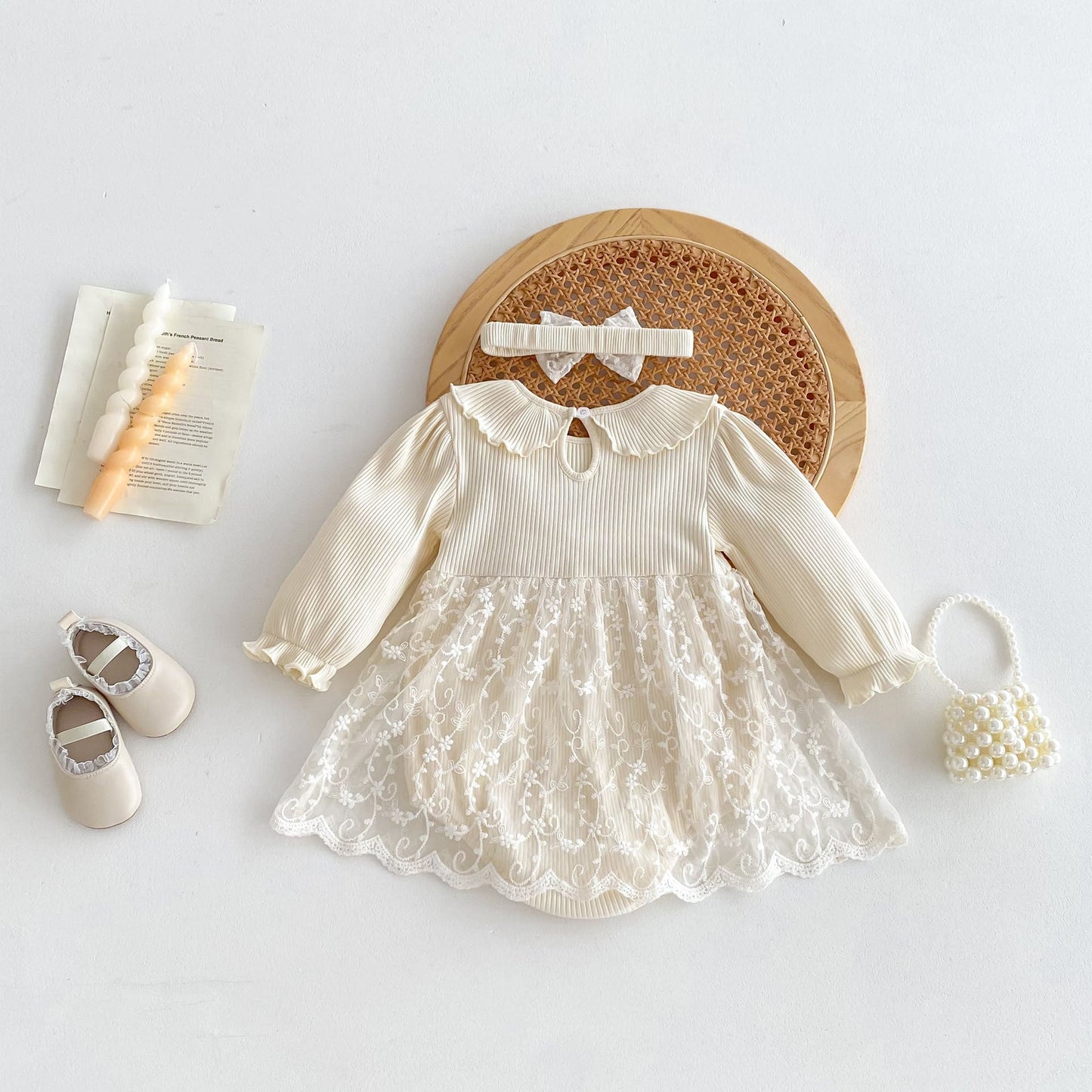 Spring Arrival Baby Girls Cute Floral Embroidered Tulle Long Sleeves Onesies