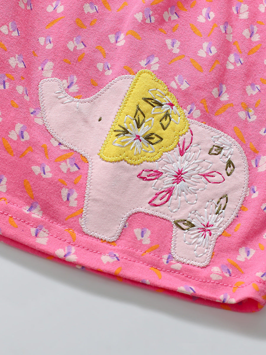 Arrival Autumn Girls Cartoon Elephant And Flowers Pattern Ruffle Neck Long Sleeves Princess Dress-4