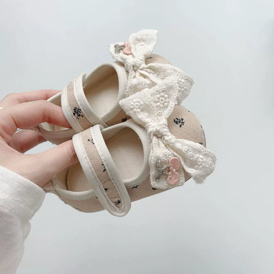 Spring and Autumn Baby Girl Fashion Floral Pattern Butterfly-bow Decorated Toddler Soft-Sole Anti-slip Walking Shoes
