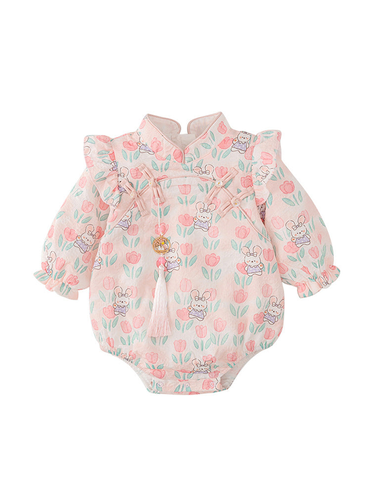 Autumn Arrival Baby Girls Flowers and Rabbits Pattern Long Sleeves Onesies with Stand Collar-4