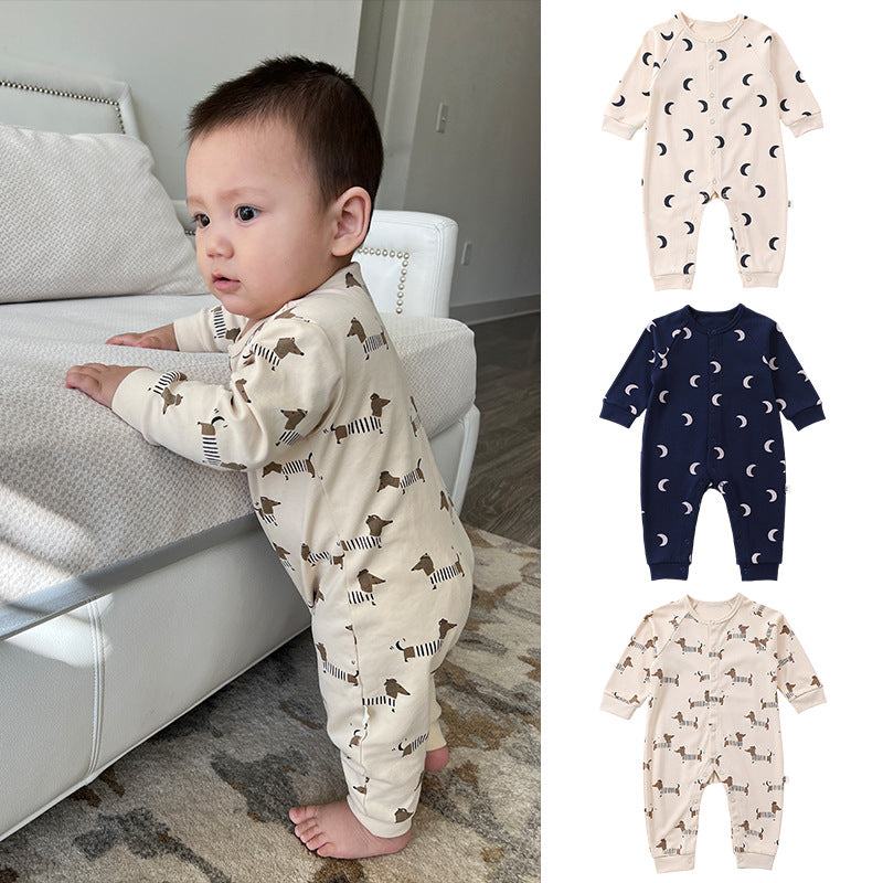 Spring Moon/Dogs Print Crew Neck Single Breasted Comfy Rompers-0