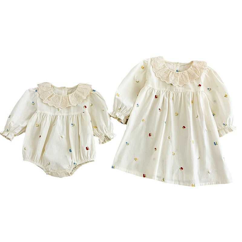Spring Baby Girls Floral and Fruits Embroidery Pattern Long-sleeved Onesies and Dress β Princess Sister Matching Set