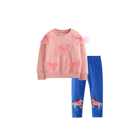 Spring and Autumn Girls Butterfly-bows Decorated Long Sleeves Pullover and Cartoon Pants Clothing Set-0