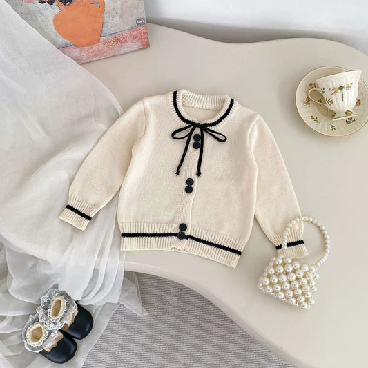 Spring and Autumn Kids Girls Color Patchwork Long Sleeves Cardigan and Pants Clothing Set