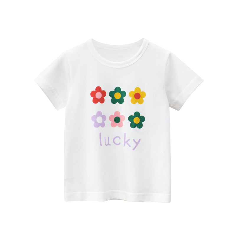 Baby Girl Floral Print Solid Color O-Neck Short Sleeved T-Shirt-4