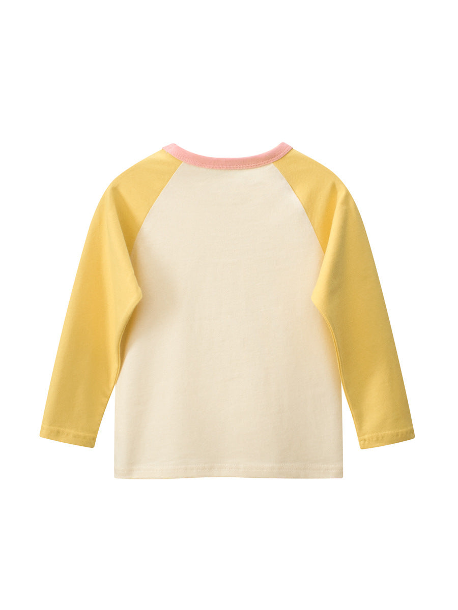 Autumn Arrival Kids Girls Flowers Cartoon Print Crew Neck Long Sleeves Color Patchwork Shirt