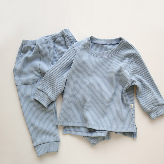 Spring and Autumn Kids Unisex Casual Solid Color Long Sleeves Striped Top and Pants Knitted Clothing Set