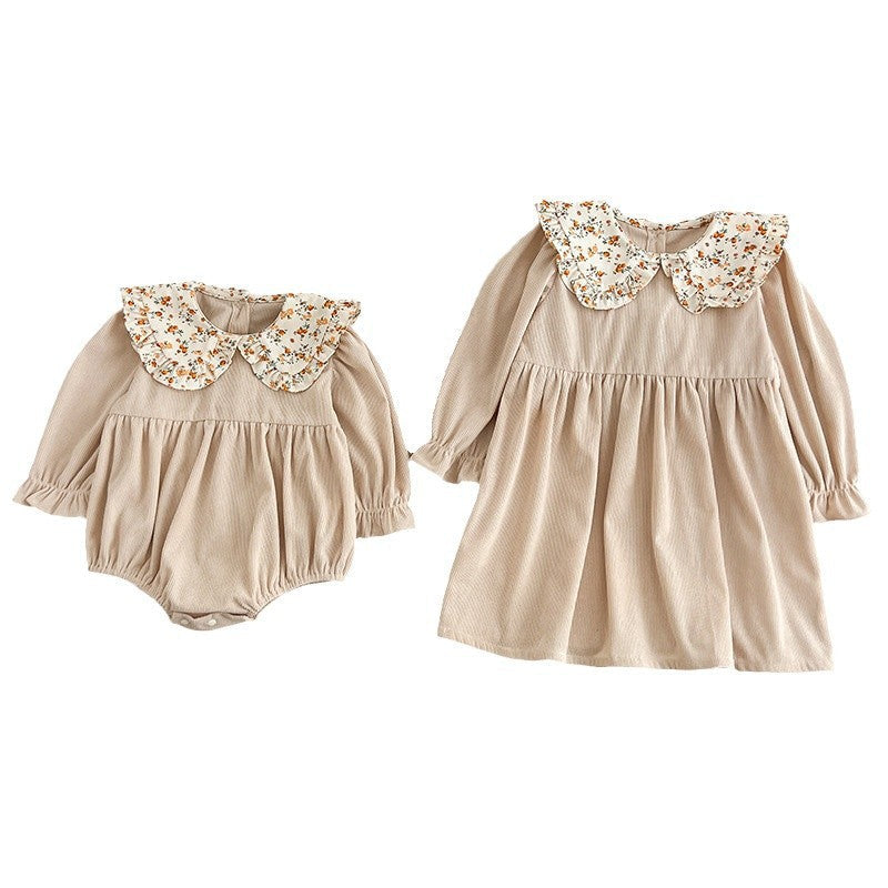 Spring Baby Girls French-style Floral Collar Long-sleeved Onesies and Dress β Princess Sister Matching Set
