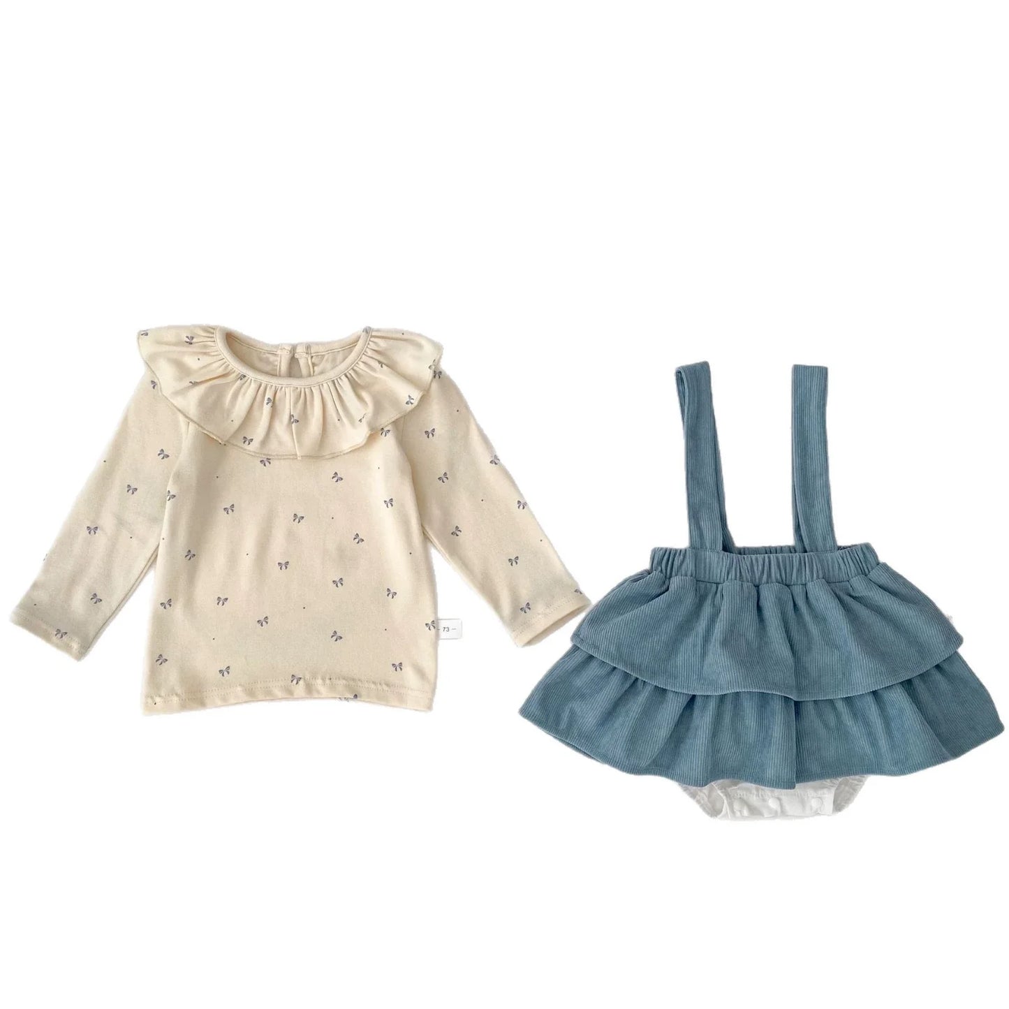 Spring and Autumn Baby Kids Girls Butterfly-bows Pattern Long Sleeves Beige Top and Sleeveless Onesies Overalls Clothing Set