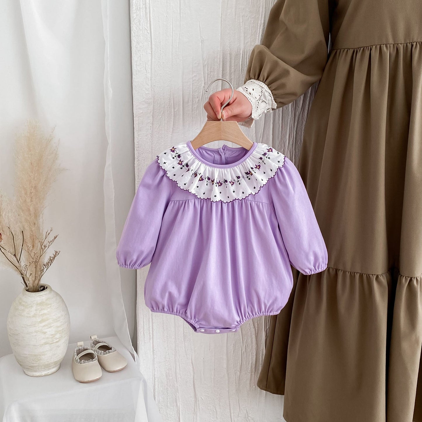 Autumn Arrival Baby Girls Long Sleeves Floral Print Collar Purple Onesies-4