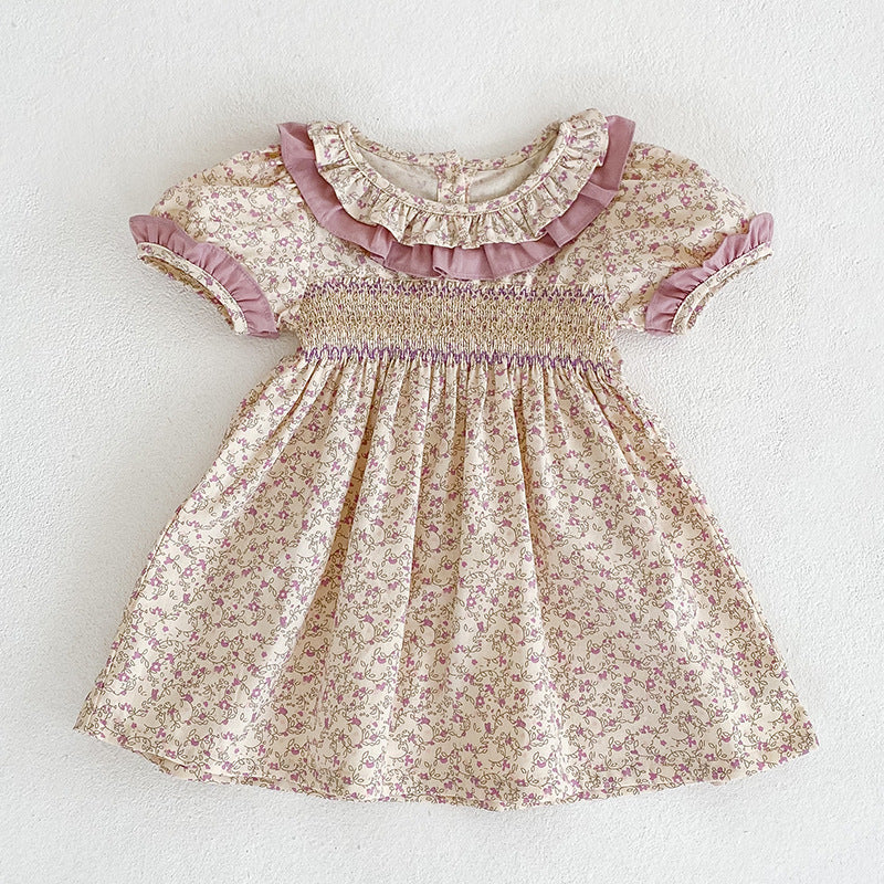 Baby Girl Ditsy Flower Ruffle Neck Dress Onesies In Summer-5
