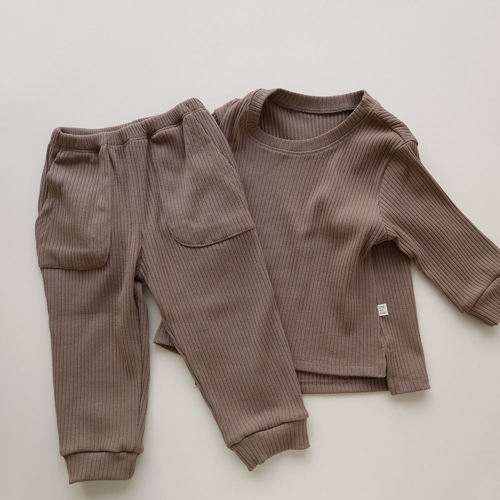 Spring and Autumn Kids Unisex Casual Solid Color Long Sleeves Striped Top and Pants Knitted Clothing Set