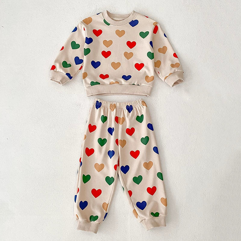 Arrival Autumn Baby Unisex Long Sleeves Colorful Heart Pattern Top Sweatshirt and Long Trousers Clothing Set