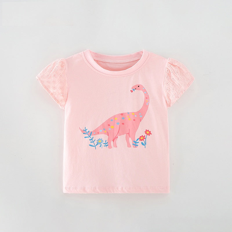 Girls’ Cartoon Pink Dinosaur Print Short Sleeves T-Shirt In European And American Style For Summer