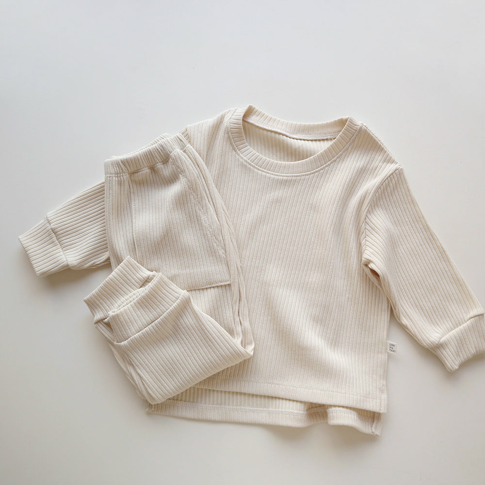 Spring and Autumn Kids Unisex Casual Solid Color Long Sleeves Striped Top and Pants Knitted Clothing Set