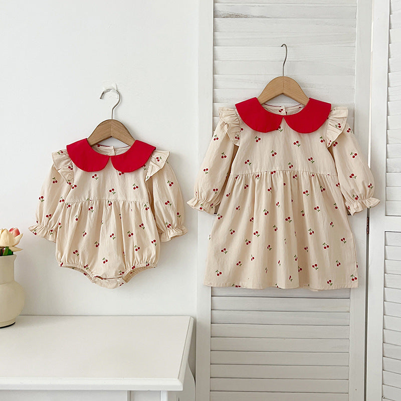 Arrival Autumn Baby Kids Girls Long Sleeves Cherry Pattern Peter Pan Collar Onesies and Dress ā Princess Sister Matching Set