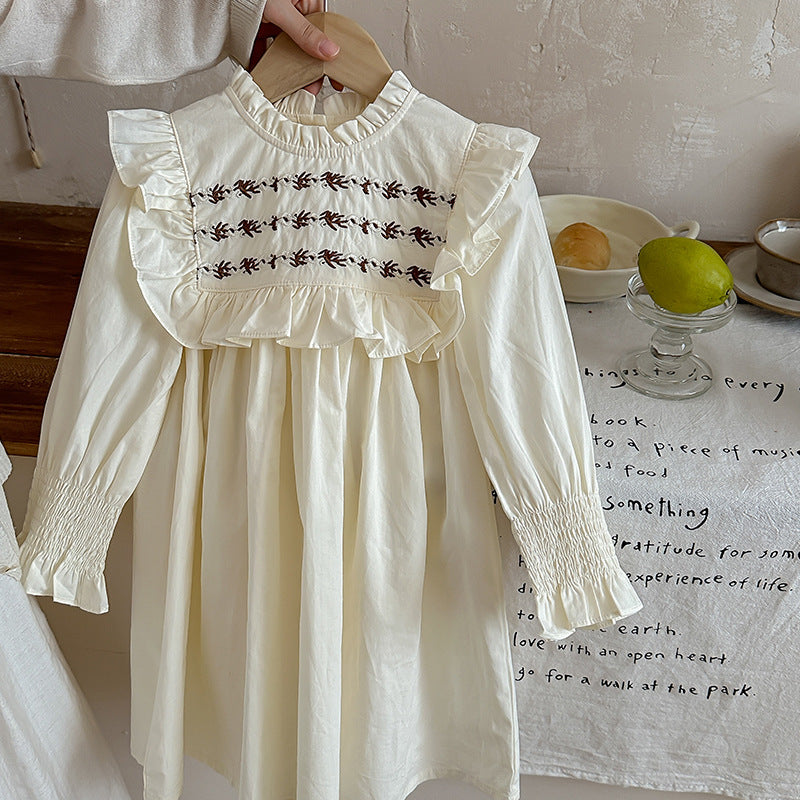 Spring and Autumn Vintage Embroidered Pattern Long-sleeved Dress for Stylish Girls