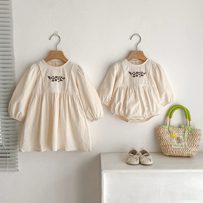 Autumn Baby Girls Northern Europe Style Flowers Embroidered Pattern Long-sleeved Onesies and Dress – Princess Sister Matching Set